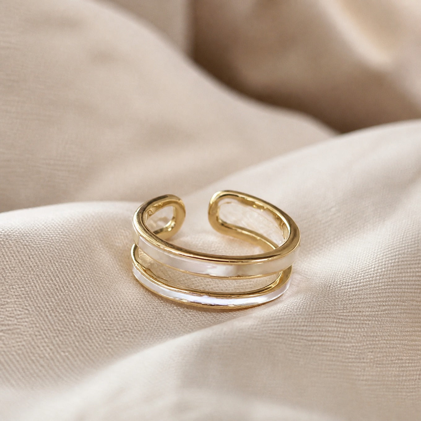 Multi-Band Striped Cuff Ring with Cream Inlay, Gold-Tone, Adjustable
