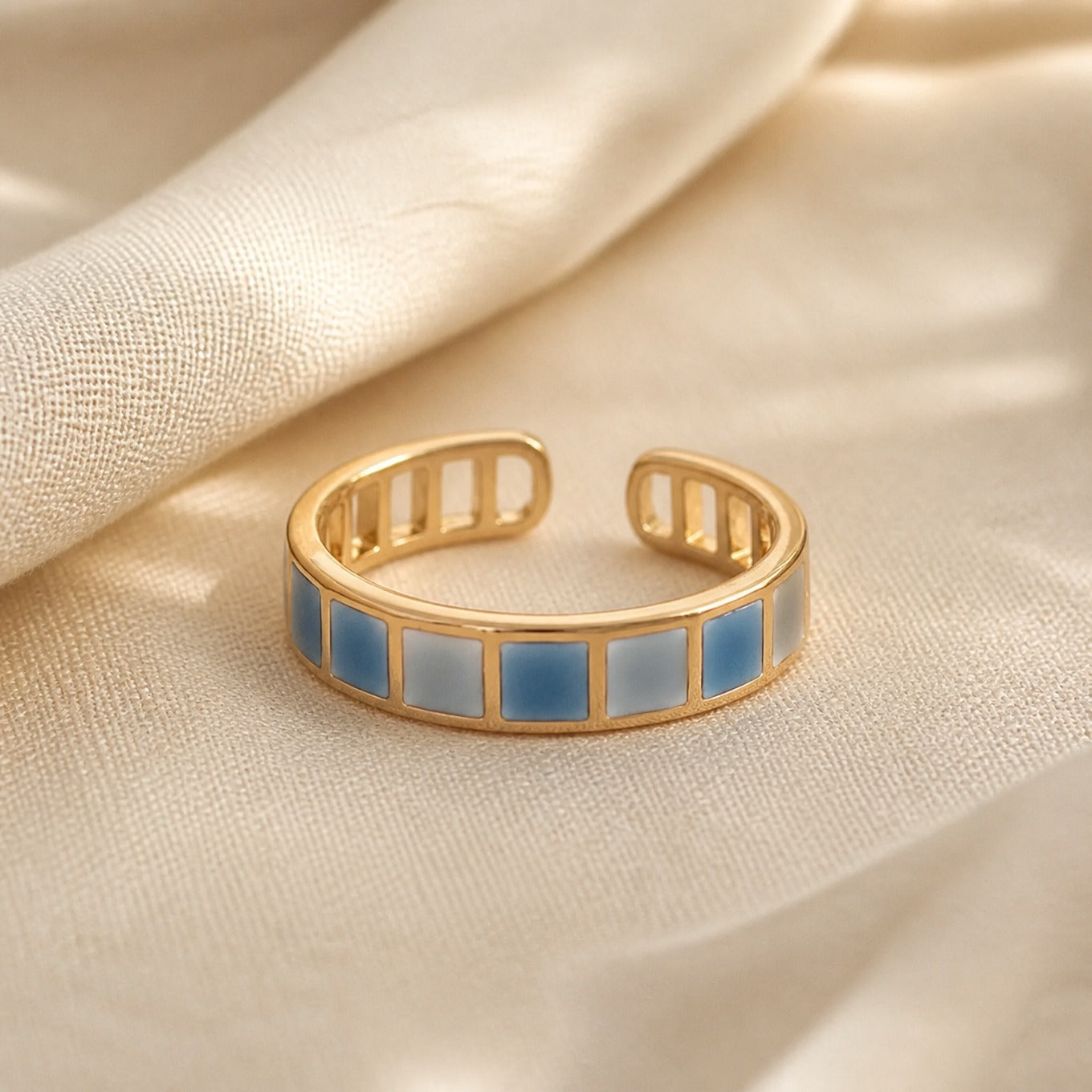 Blue and White Geometric Inlay Open Ring with Gold-Tone Band