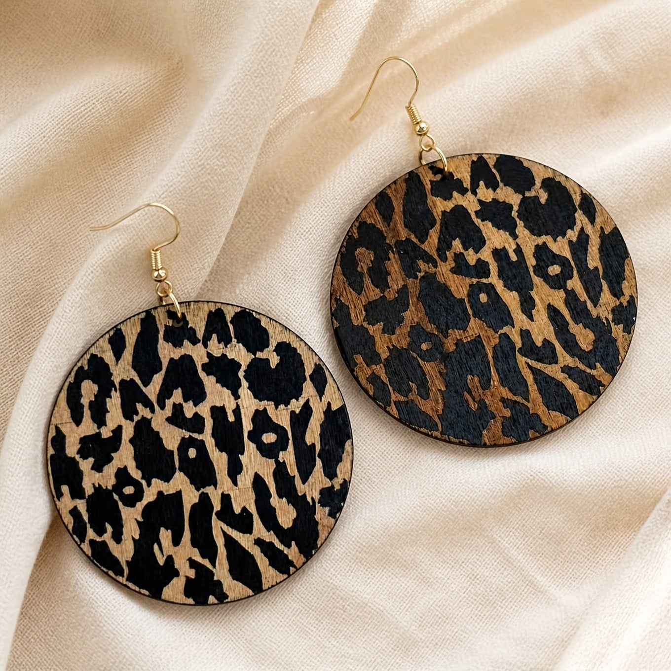 Leopard Print Wood Disc Earrings with Gold-Tone Ear Hooks