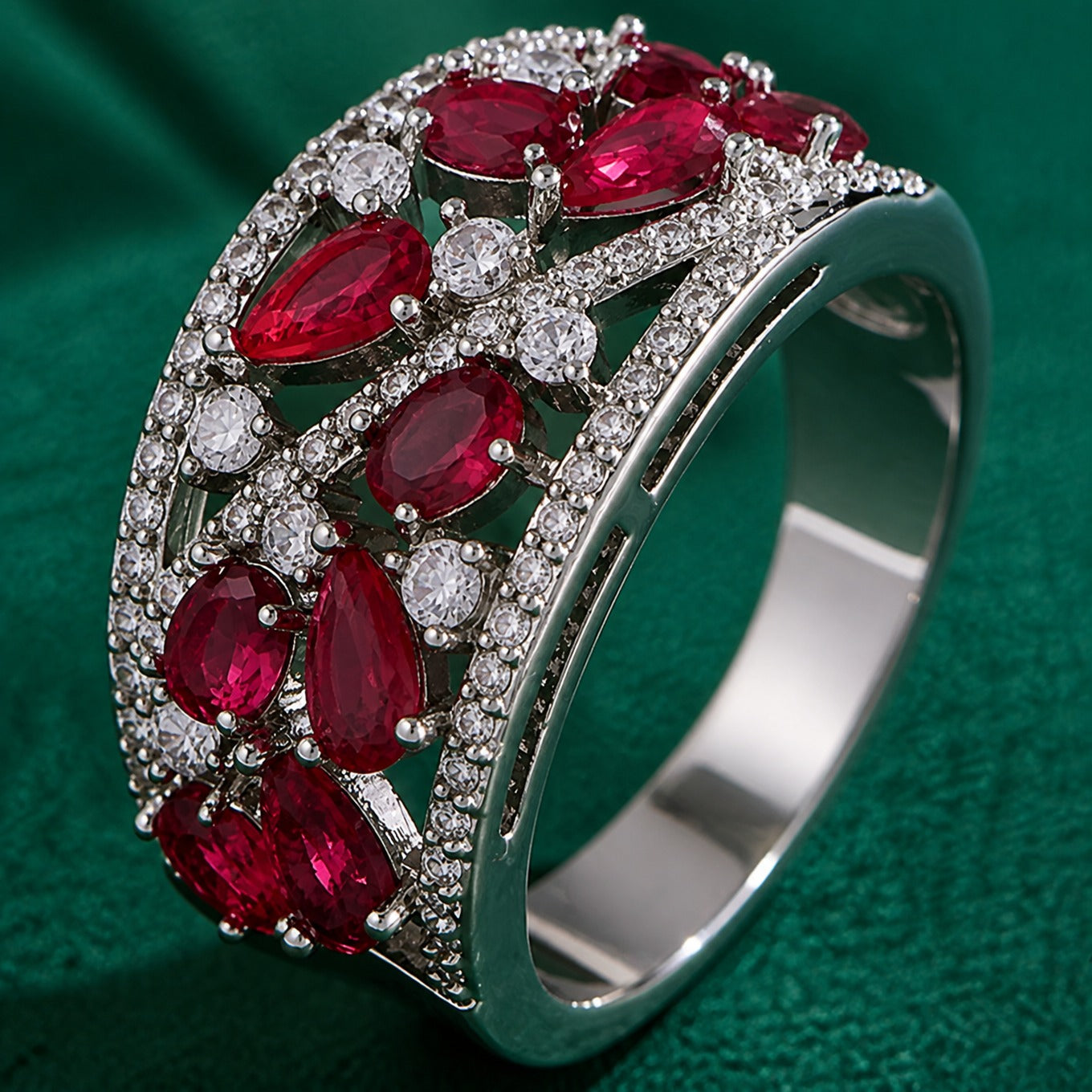 Vintage-Inspired Ruby-Toned Cocktail Ring with Pear and Oval Cluster Stones