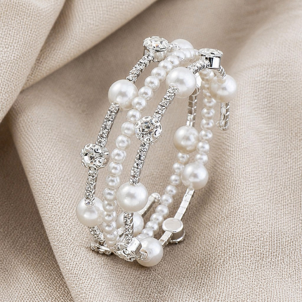 Multi-Strand Pearl and Crystal Beaded Bracelet with Silver-Tone Filigree — main image