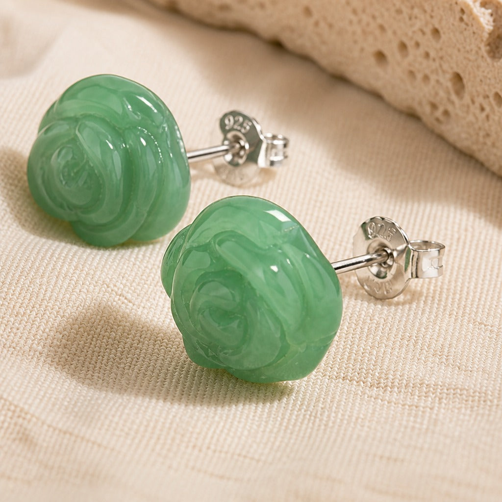 Carved Rose Jade Stud Earrings with Sterling Silver Posts — view 2