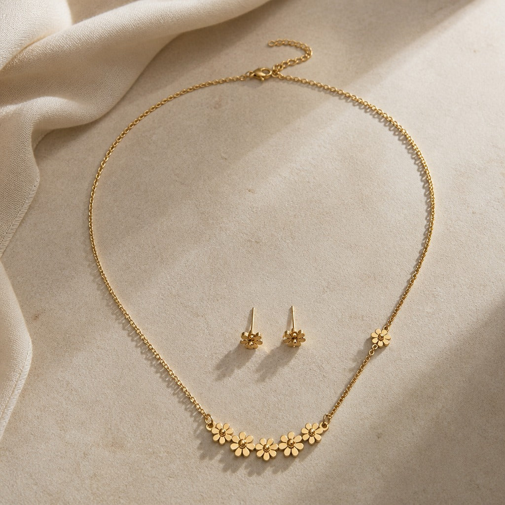 Bohemian Daisy Pendant Necklace & Stud Earring Set in Gold Tone — view 2