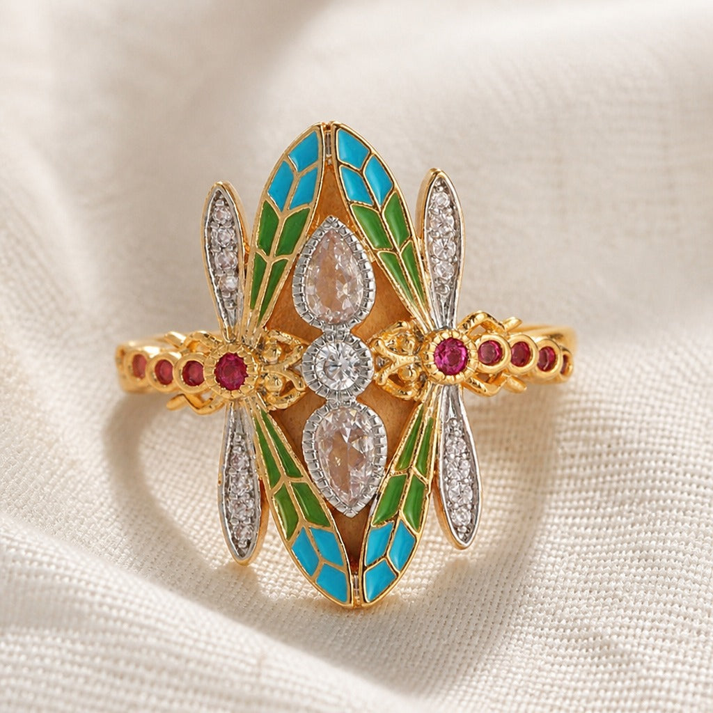 Dragonfly Statement Ring with Enamel Wings, Zirconia and Ruby-Tone Accents — view 2