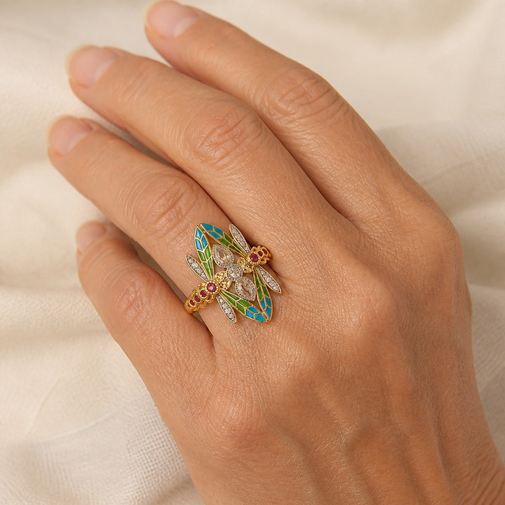 Dragonfly Statement Ring with Enamel Wings, Zirconia and Ruby-Tone Accents — main image