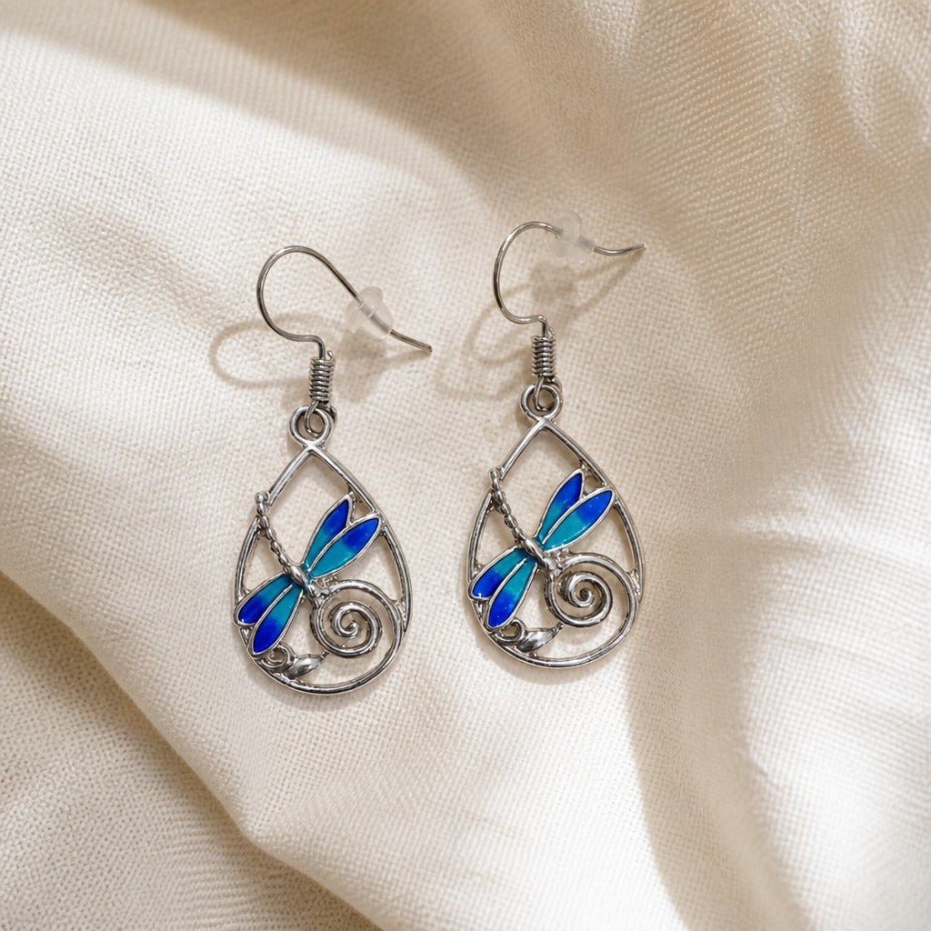 Teardrop Dragonfly Earrings with Blue Inlay and Silver-Tone Filigree — view 2