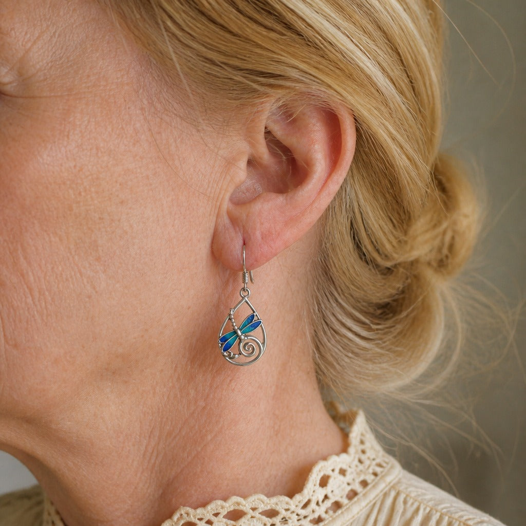 Teardrop Dragonfly Earrings with Blue Inlay and Silver-Tone Filigree — main image
