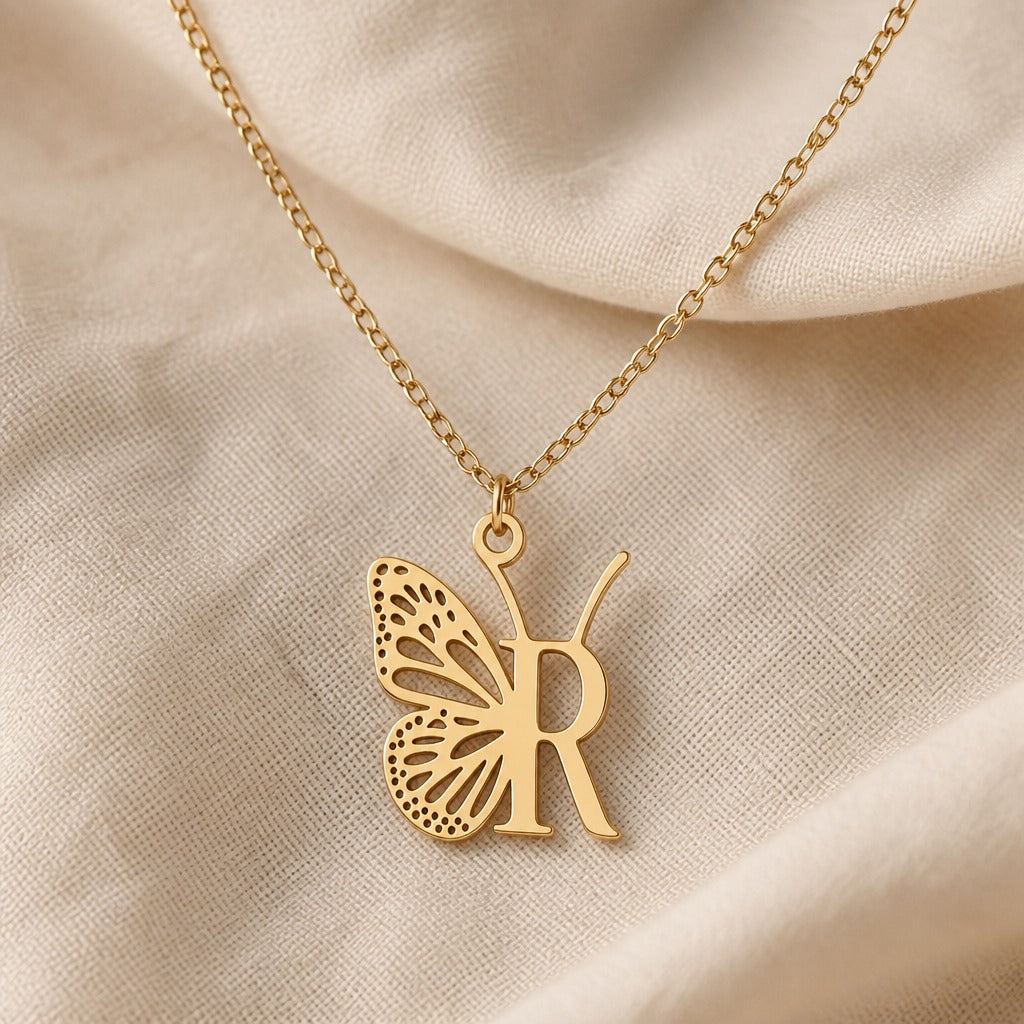 Butterfly Initial Letter Pendant Necklace with Filigree Wings, Gold or Silver Tone — view 36