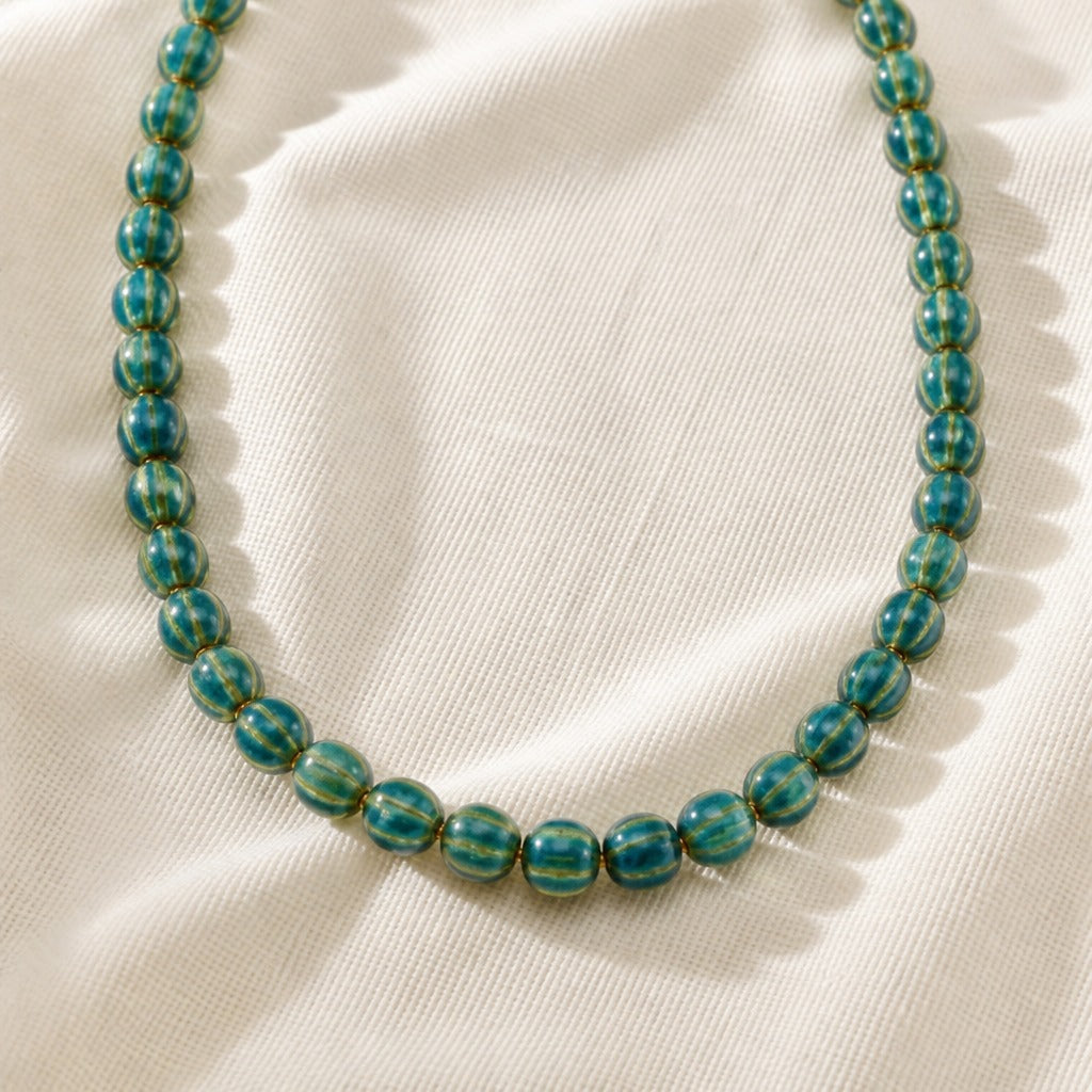 Teal Glass Bead Necklace with Gold Stripe Detail, Y2K Style Strand Necklace for Women — view 2