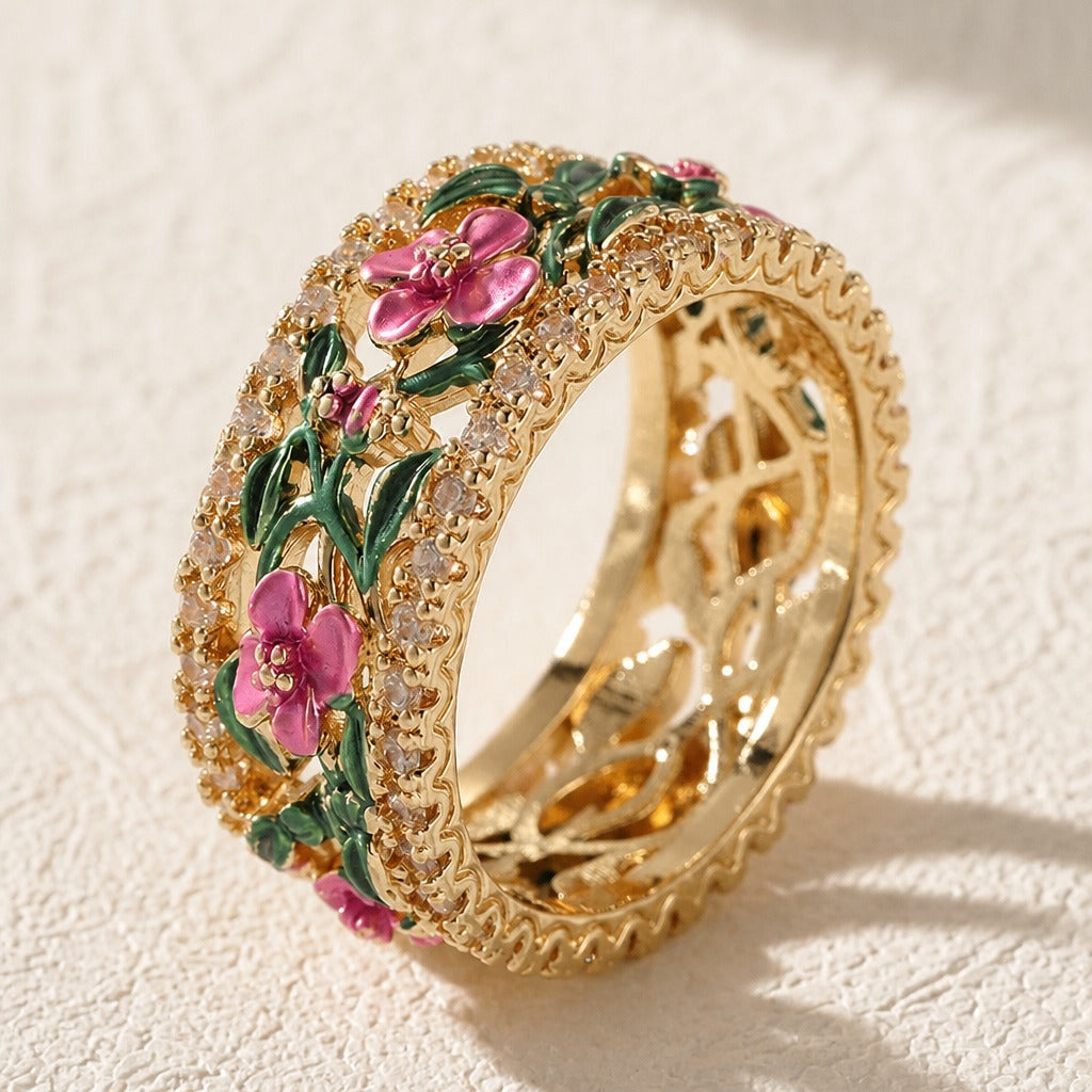 Pink Orchid Enamel Bangle Bracelet with Gold Filigree Detail — main image