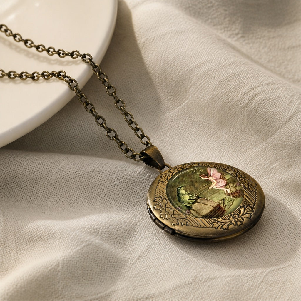 Hummingbird & Floral Locket Pendant Necklace in Antique Brass — view 2