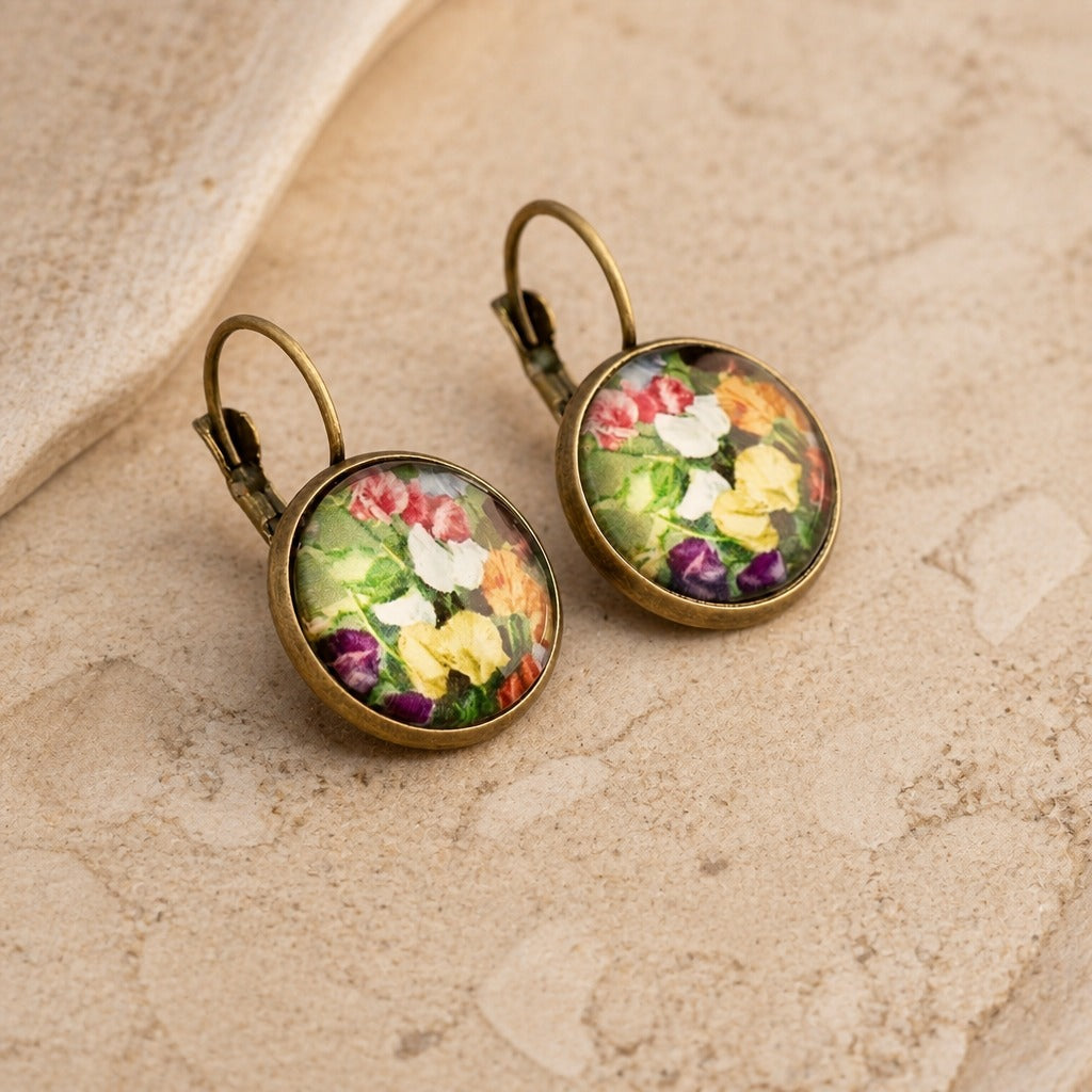 Floral Dome Cabochon Drop Earrings with Antique Brass Finish — view 3