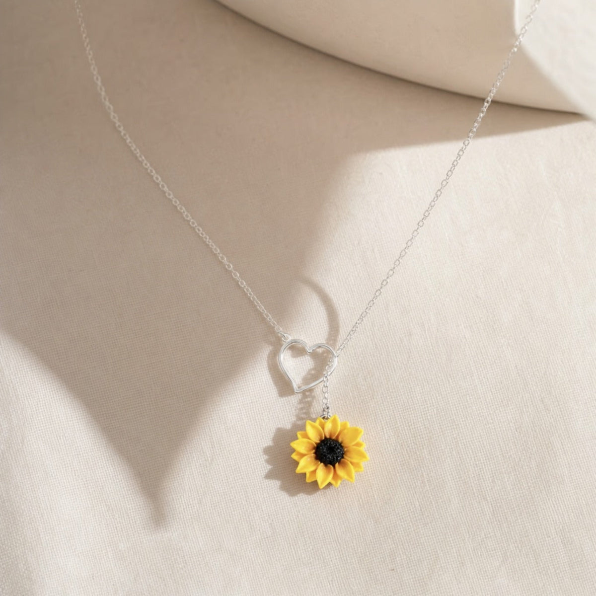 Yellow Sunflower Pendant Necklace with Silver-Tone Heart Charm — view 2