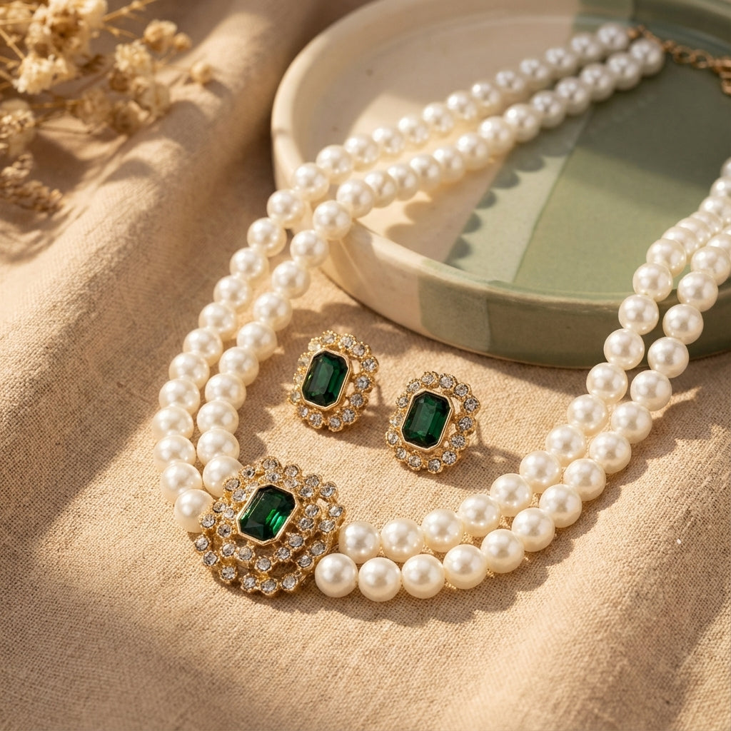 Emerald and Pearl Necklace and Earring Set with Rhinestone Halo