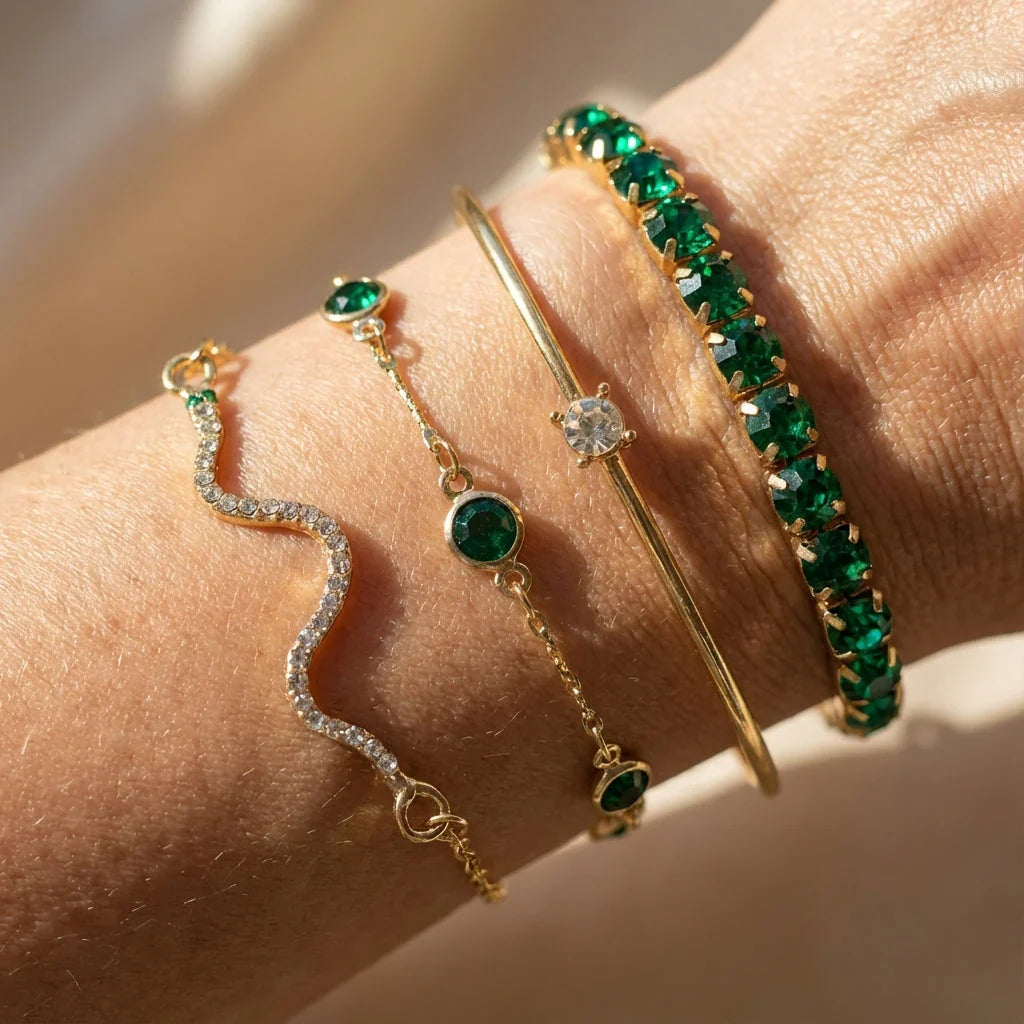 Emerald-Green Gemstone Bracelet Set with Crystal Accents, 4 Pieces