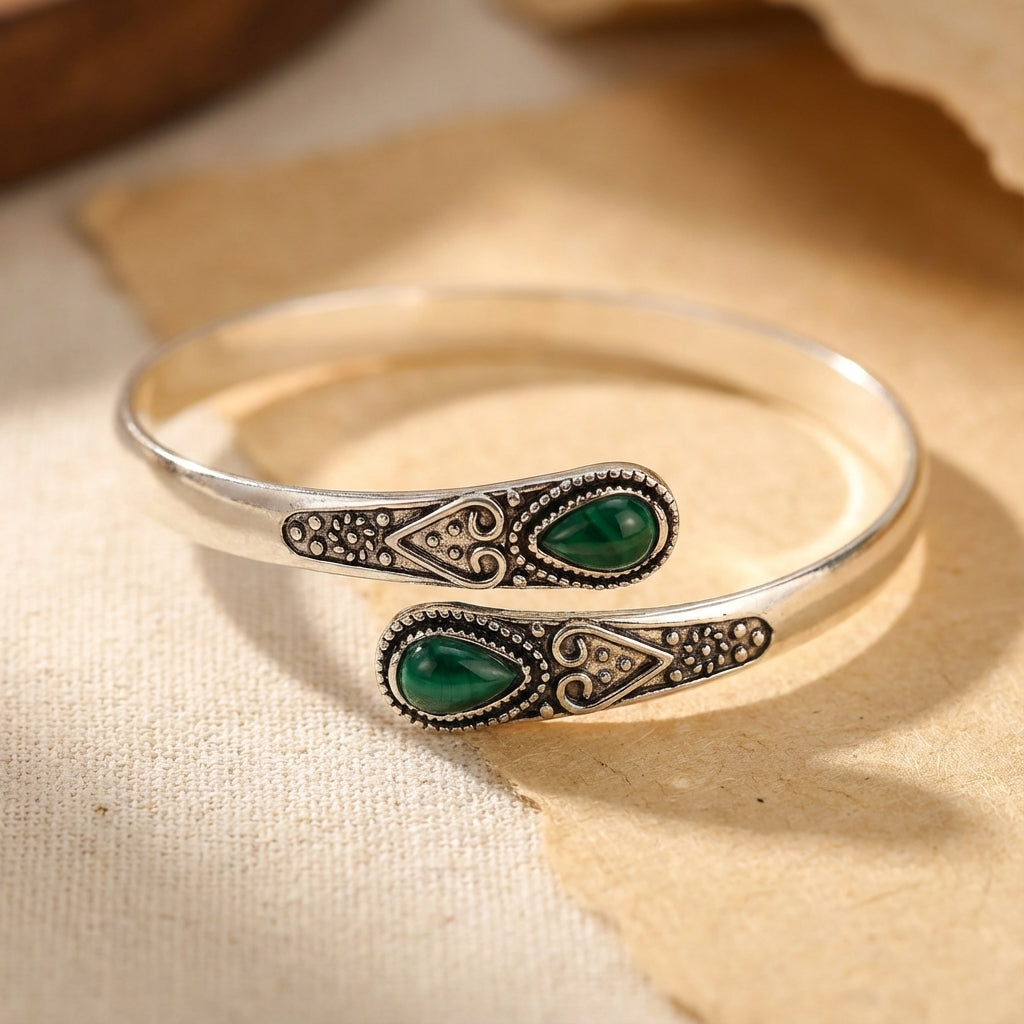 Teardrop Green Stone Cuff Bracelet with Vintage Filigree Detail