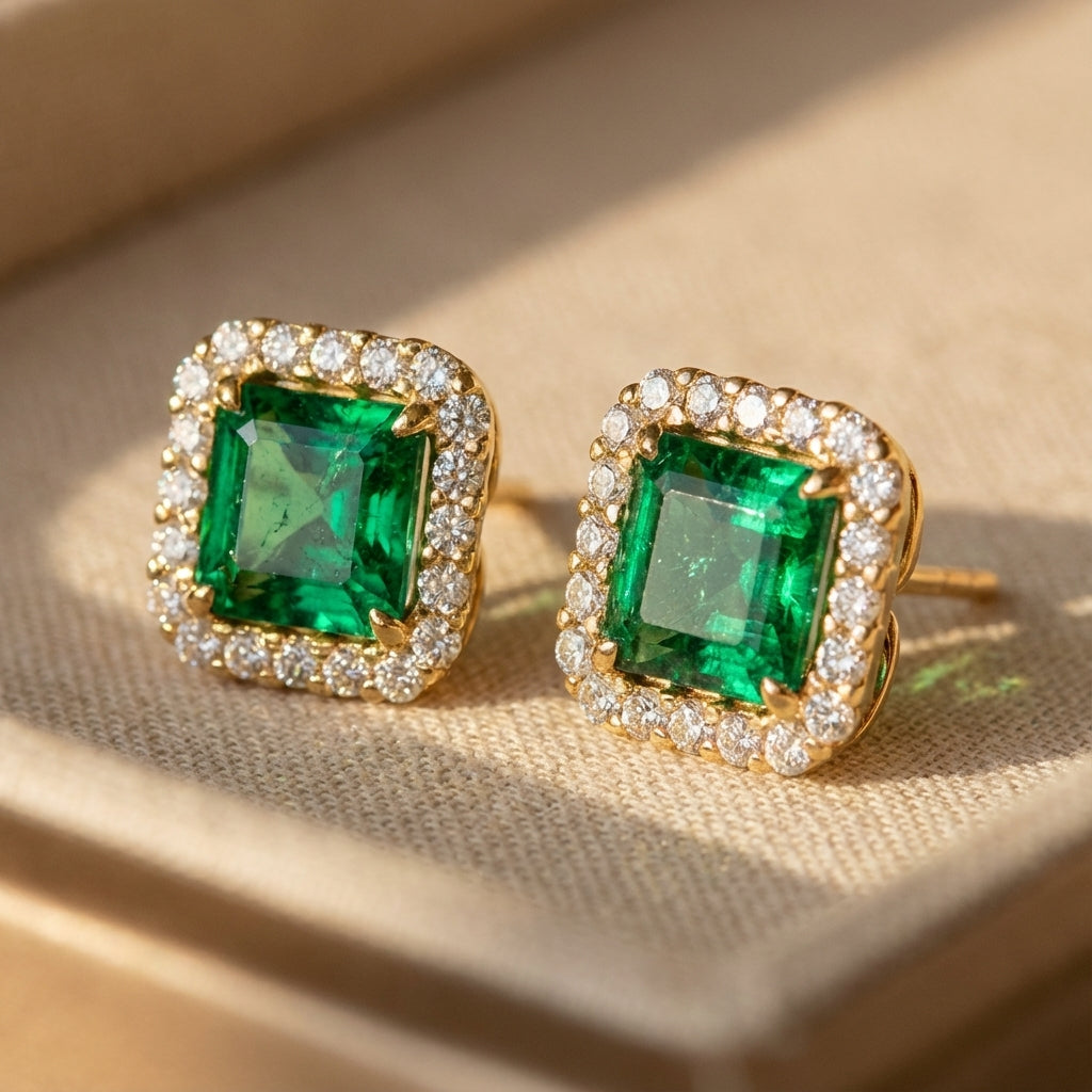 Square Emerald-Cut Green Stone Stud Earrings with Clear Halo