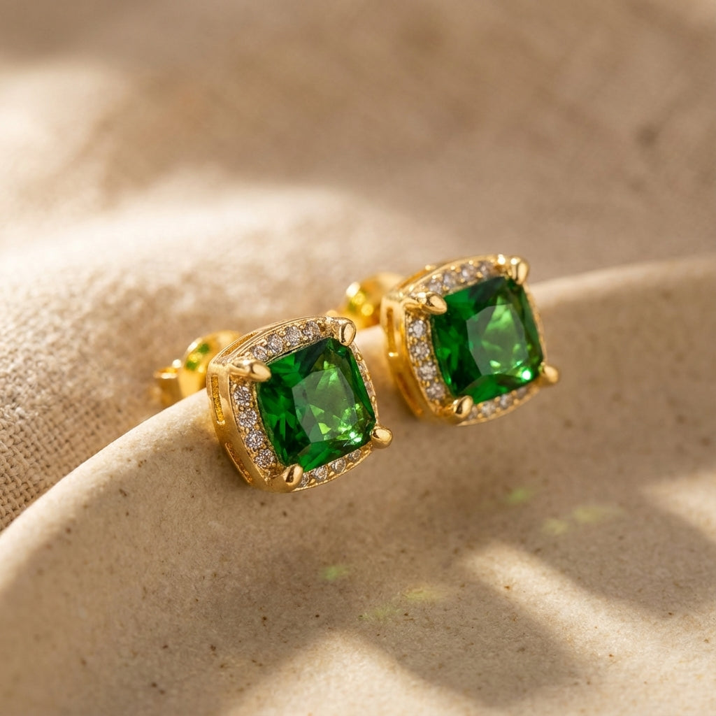 Cushion-Cut Green Stone Halo Stud Earrings in Gold Tone