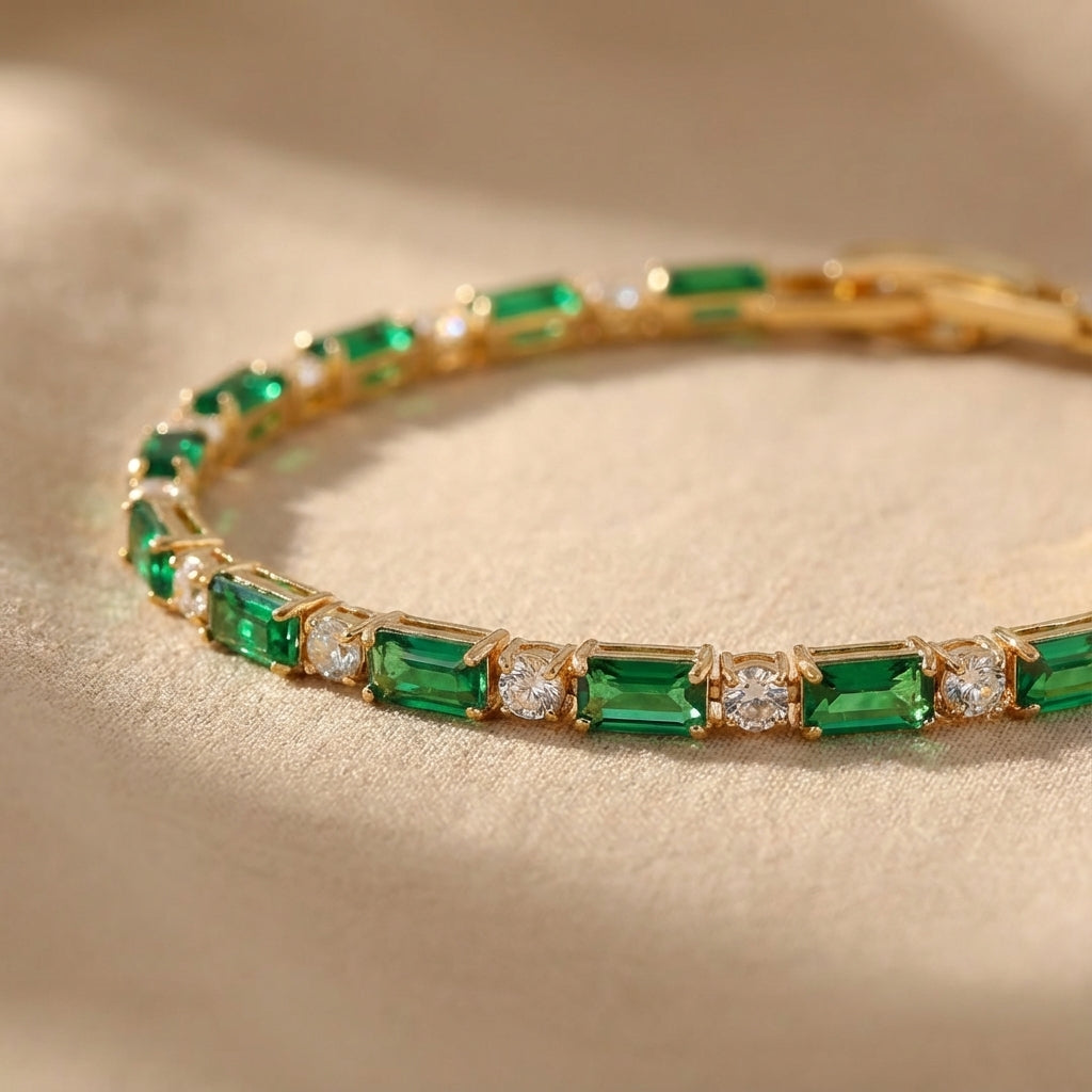 Emerald-Green Stone Tennis Bracelet with Round Clear Accents