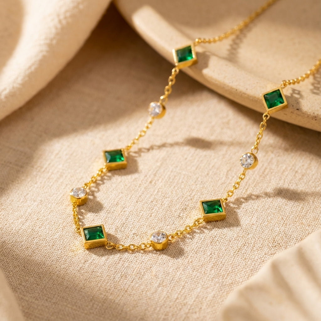 Emerald Station Necklace with Crystal Accents in Gold Tone