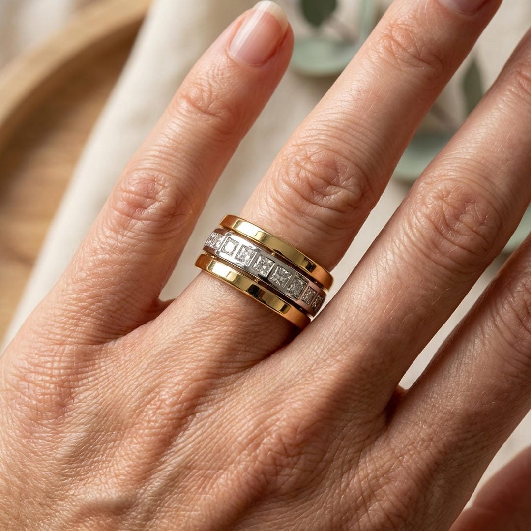 Channel-Set Cubic Zirconia Ring with Two-Tone Gold Wide Band — main image