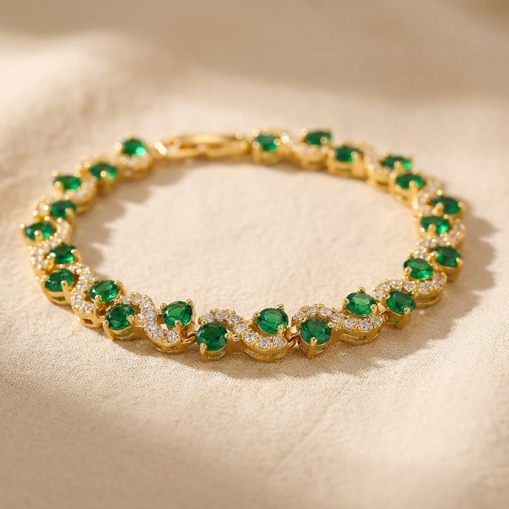 Emerald and Cubic Zirconia Tennis Bracelet with Prong-Set Clusters