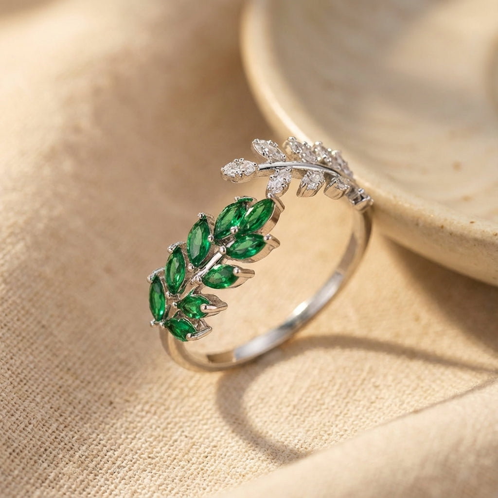 Leaf Vine Green Stone Cocktail Ring with Silver-Tone Wrap Band