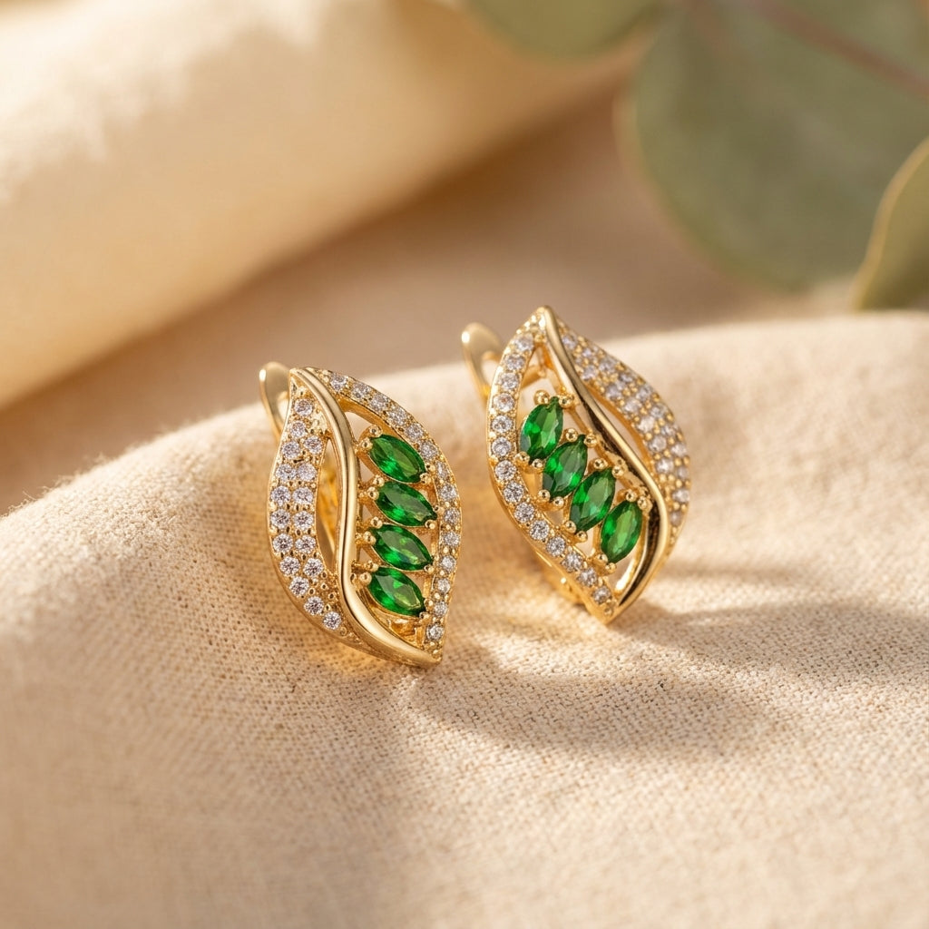 Teardrop Green Stone Drop Earrings with White Pavé Accents