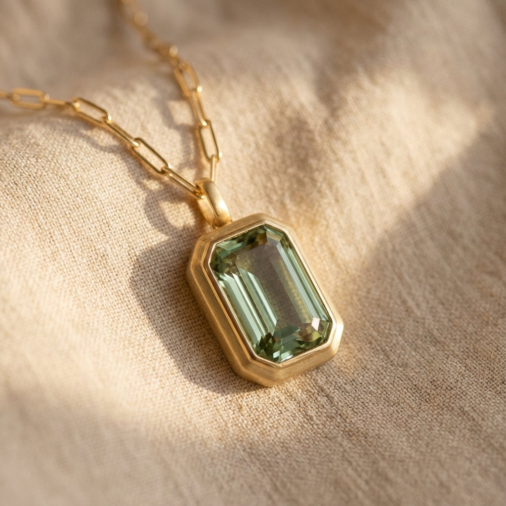 Emerald-Cut Green Stone Pendant Necklace with Gold-Tone Paperclip Chain