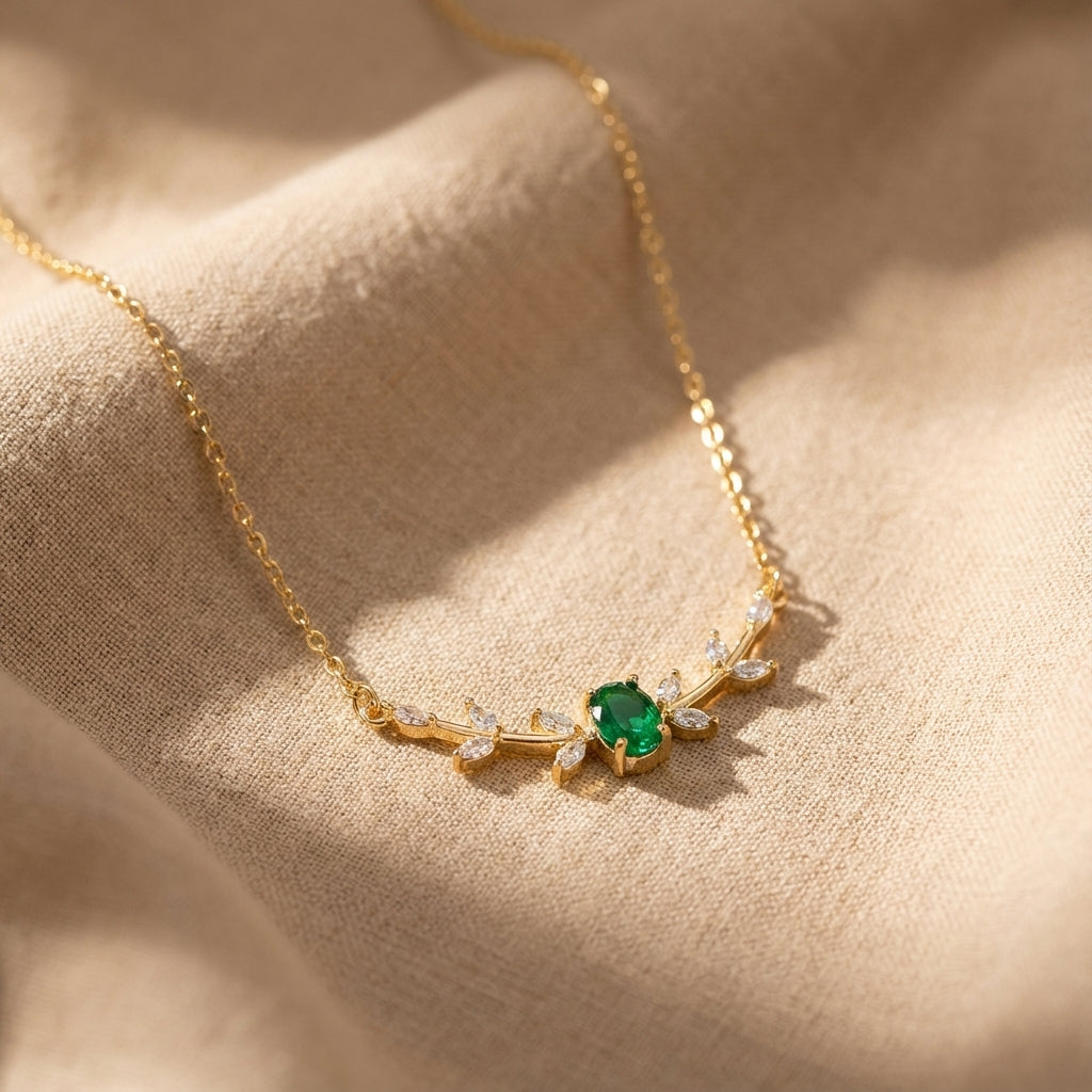 Winged Pendant Necklace with Emerald Green Stone and Crystal Accents
