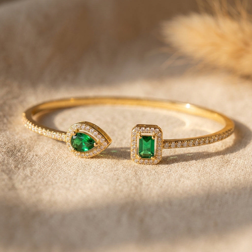Green Emerald-Cut & Pear Stone Pavé Open Cuff Bracelet