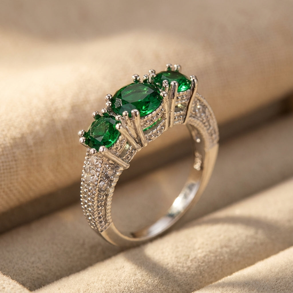 Three-Stone Emerald Cocktail Ring with Filigree Silver-Tone Band