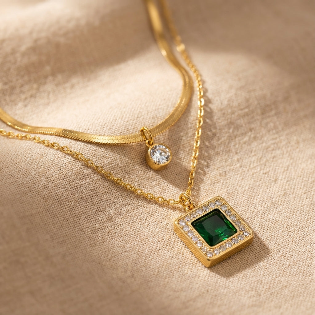 Square Emerald Pendant Layered Necklace with Cubic Zirconia Halo