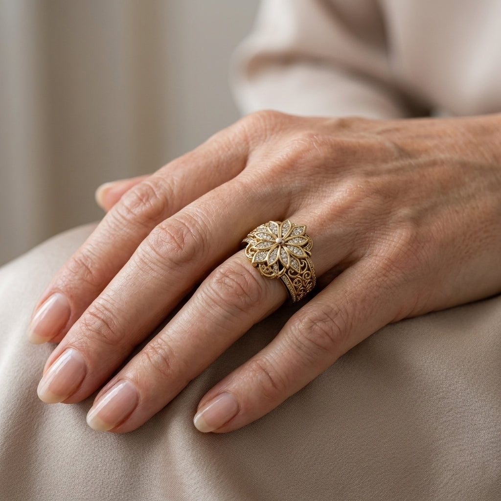 ornate gold bloom ring — lifestyle