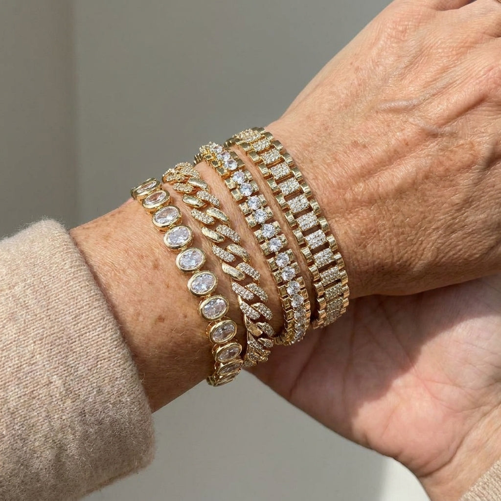 paperclip chain bracelet 14k gold plated cubic zirconia watch strap chunky link adjustable stackable jewelry for women girl gift — lifestyle