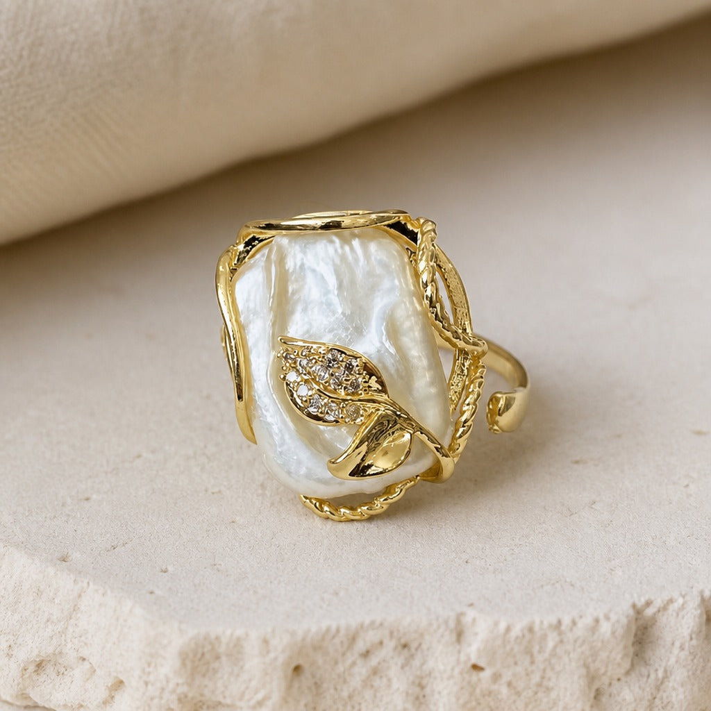 Baroque Pearl Ring with Gold-Tone Leaf Vine Detail and Rhinestone Accents — main image
