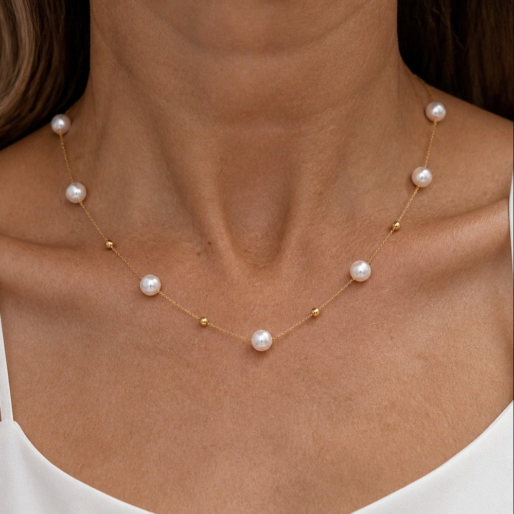 Gold-Tone Pearl Station Necklace with Adjustable Chain — main image
