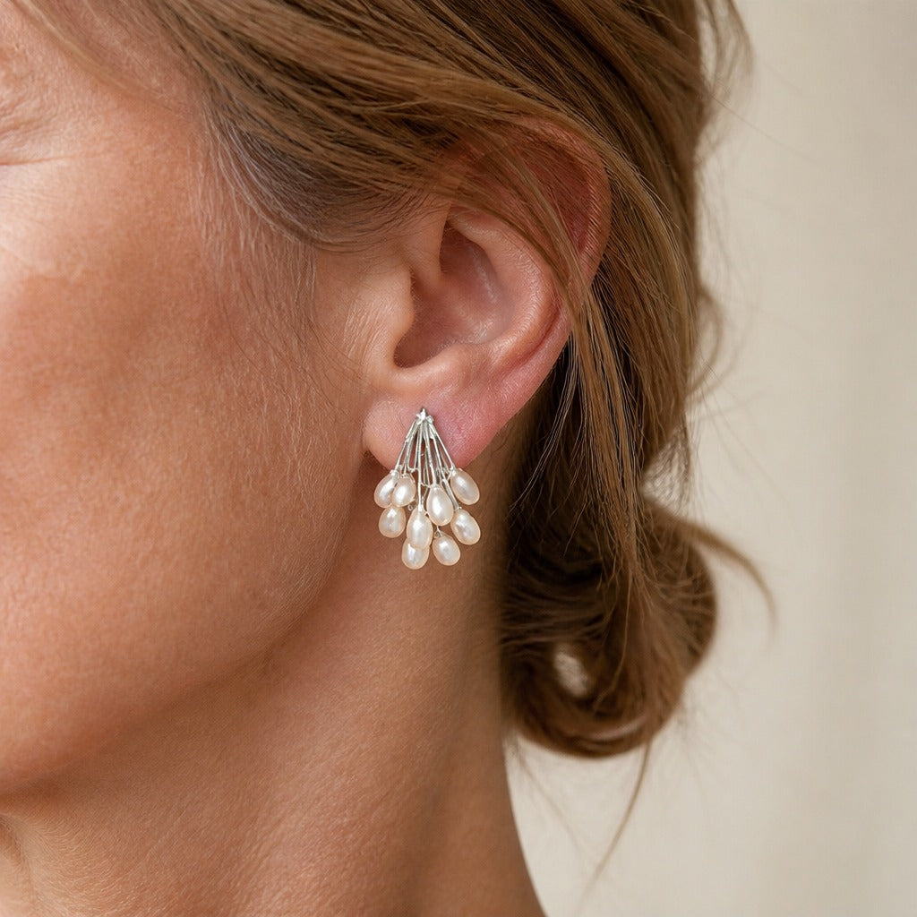 Cascading Pearl Cluster Drop Earrings in Gold and Silver Tone — main image