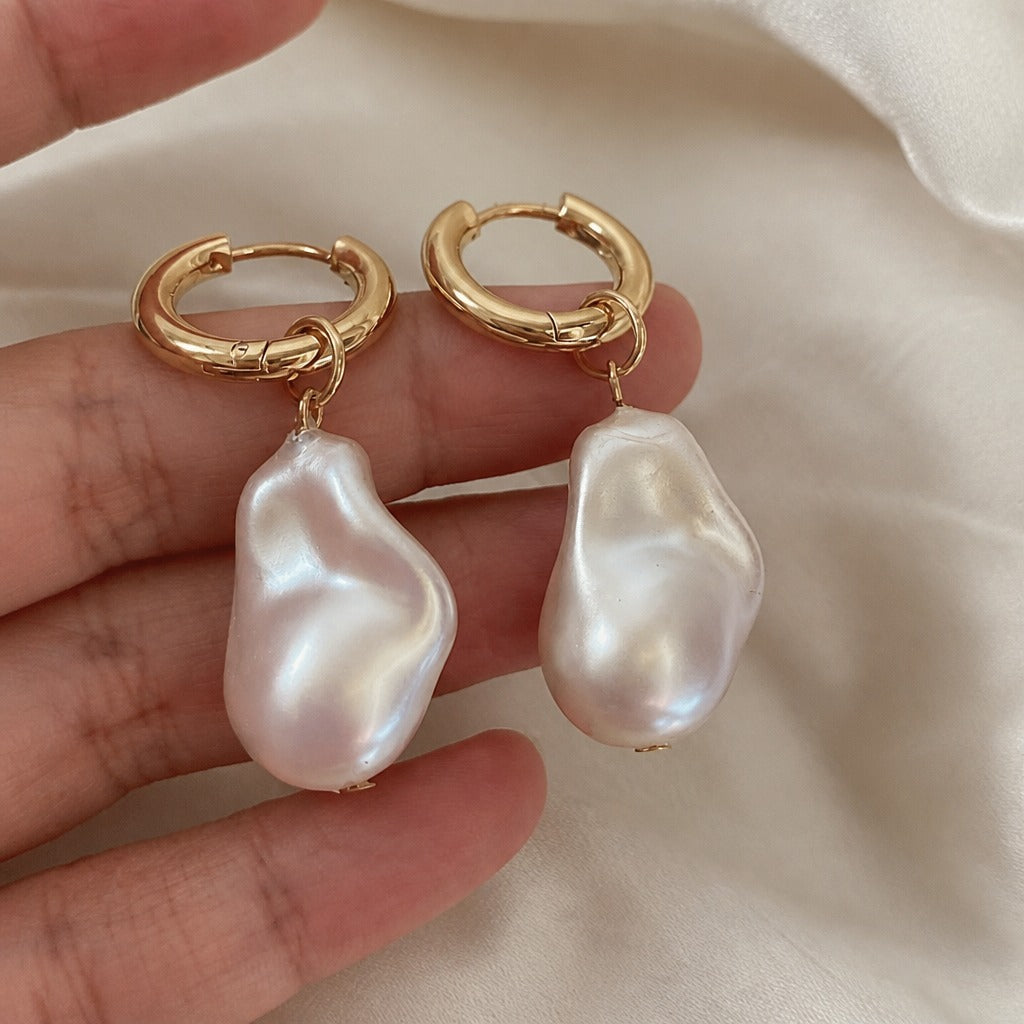 Baroque Pearl Drop Earrings with Gold-Tone Tubular Hoops — view 2