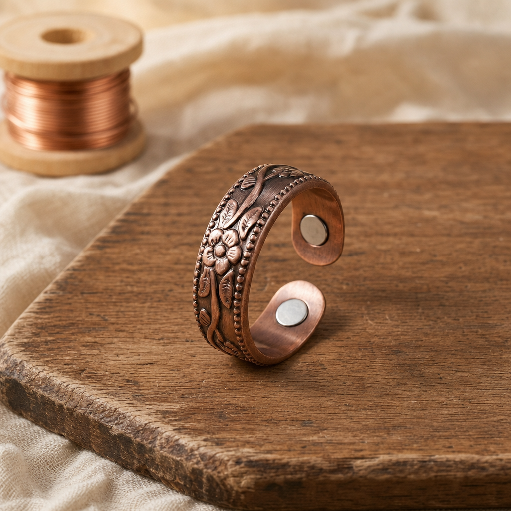Copper Cuff Bracelet in 99.9% Pure Copper with Magnetic Closure — Embossed Floral Design — main image