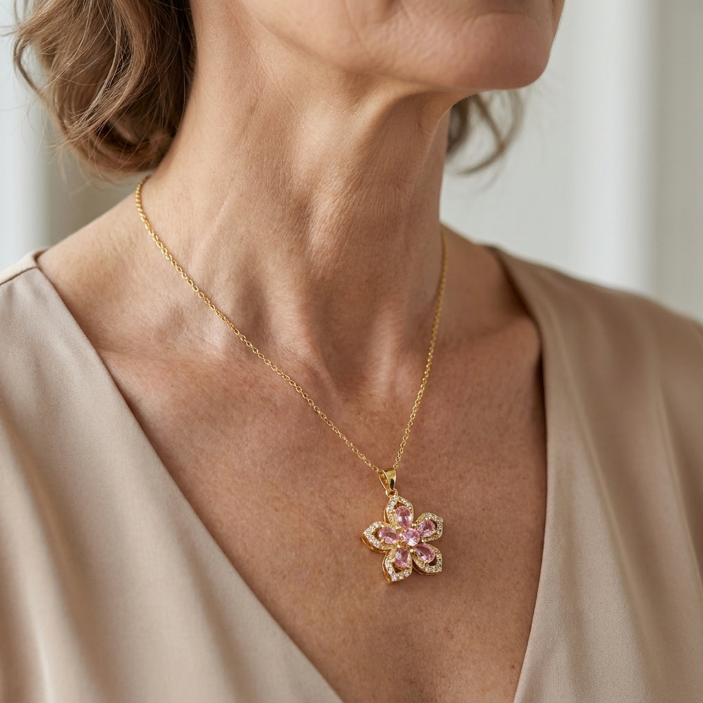 pink tourmaline bloom necklace — lifestyle
