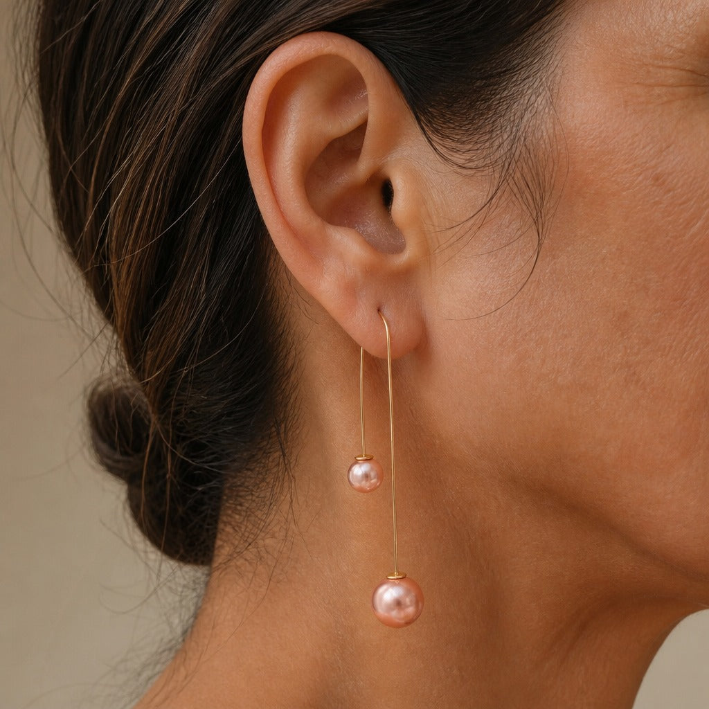 Dual Pearl Threader Dangle Earrings in Gold Tone — main image