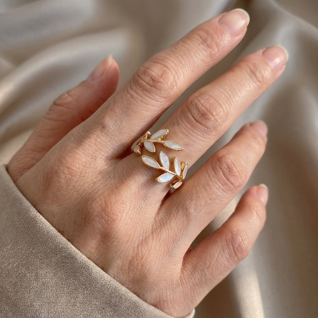 pure white opal leaf adjustable ring — lifestyle