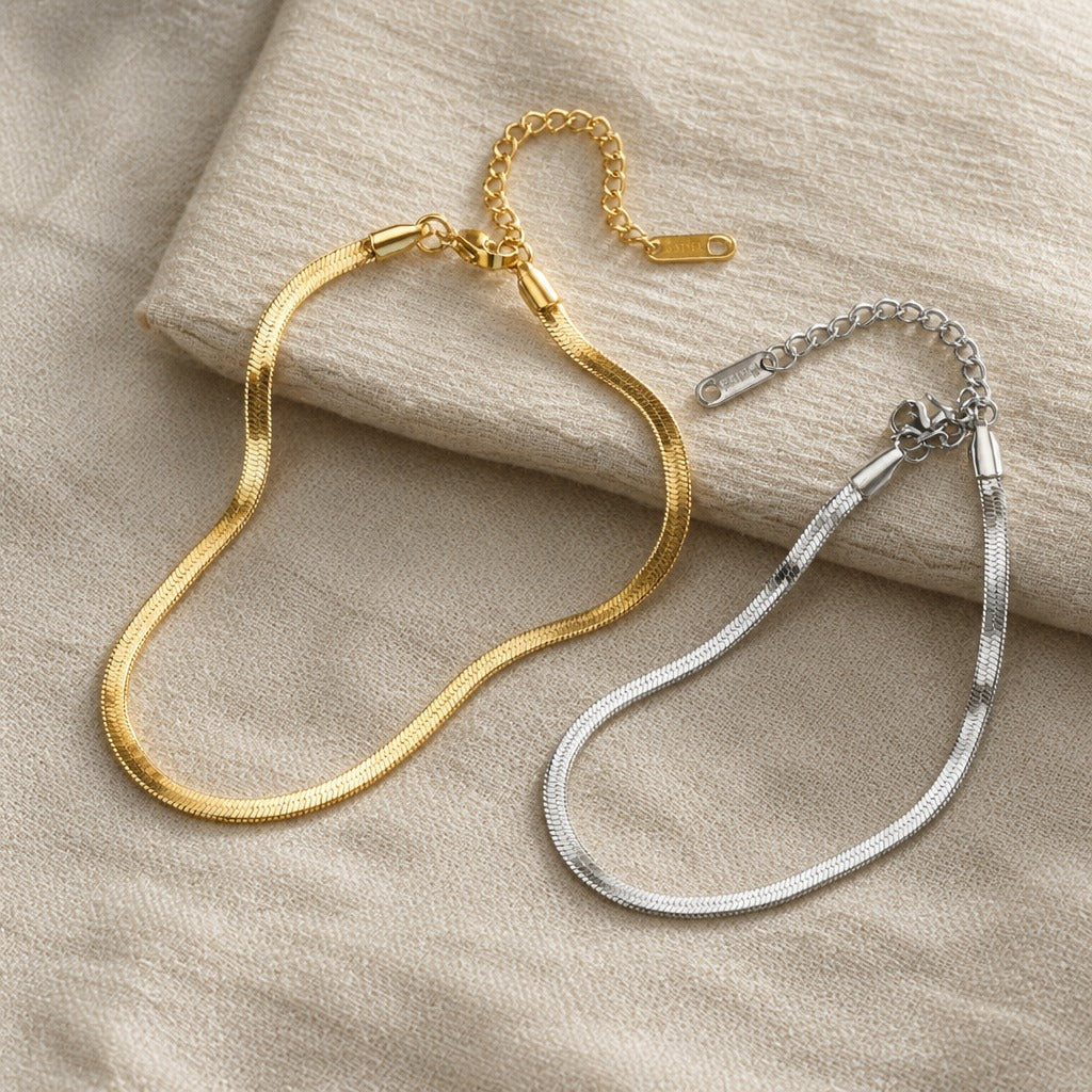 Herringbone Snake Chain Bracelet Set, Gold and Silver Tone, Stainless Steel, Set of 2, Adjustable — view 2