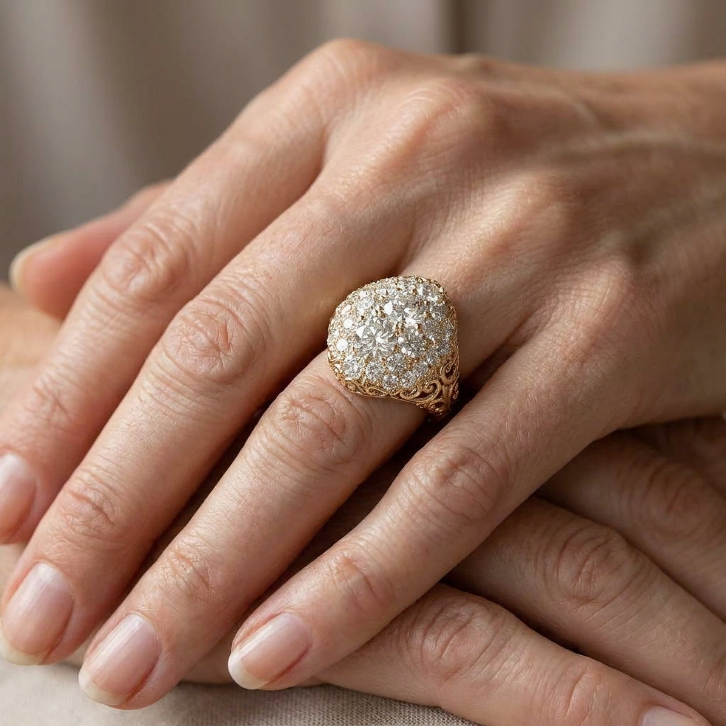 radiant gold round diamond ring — lifestyle