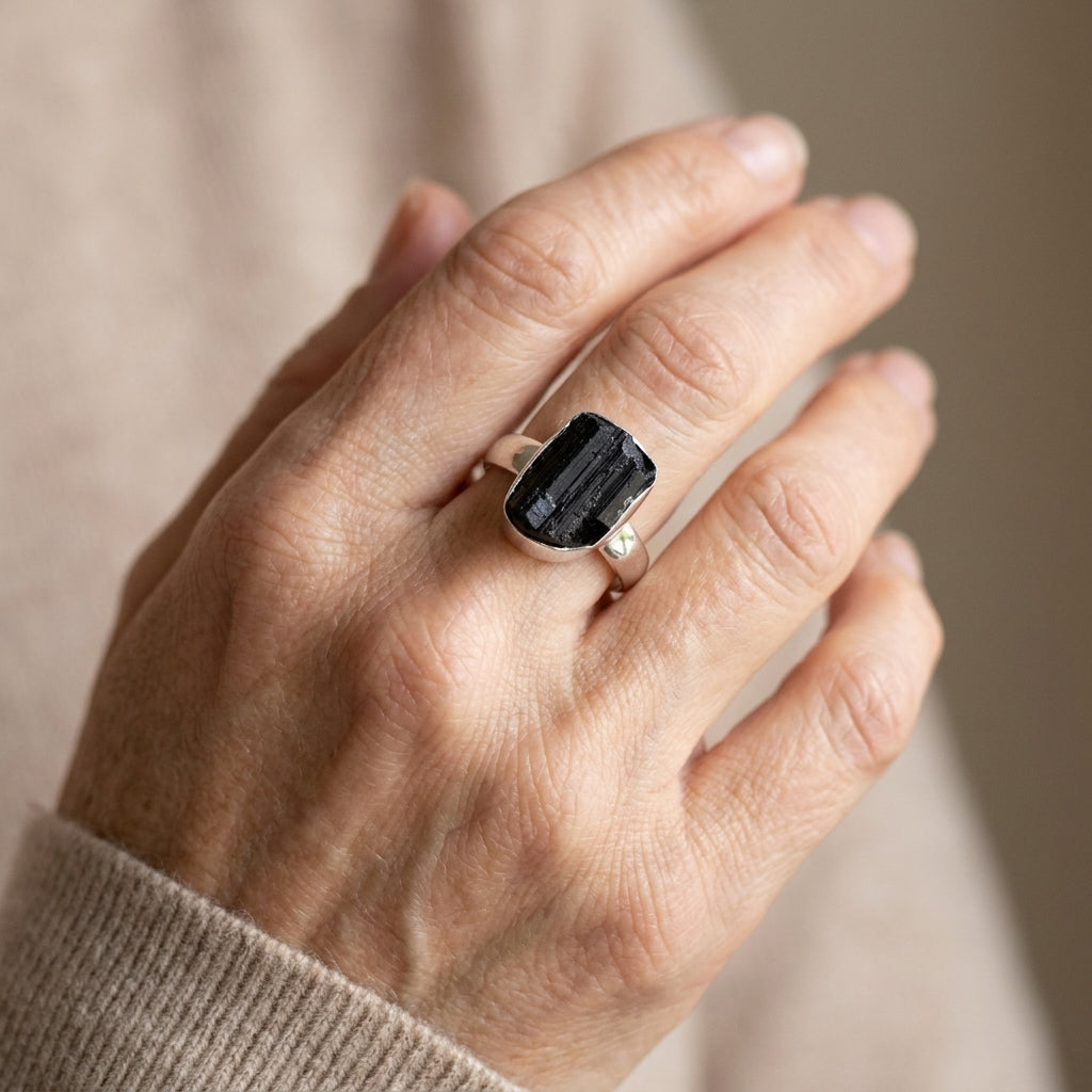 raw black tourmaline ring sterling silver asr9195 — lifestyle