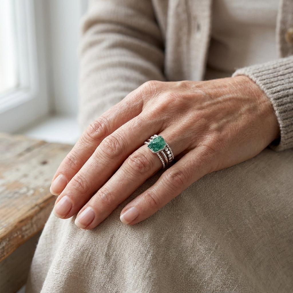 raw green aventurine silver stacking ring set asr9631 — lifestyle
