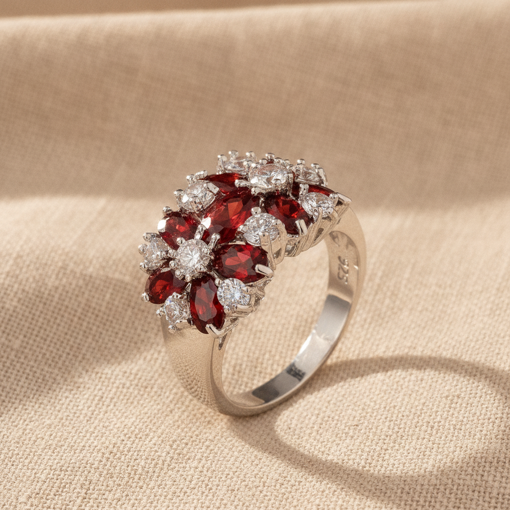 red garnet cluster silver flower ring — studio