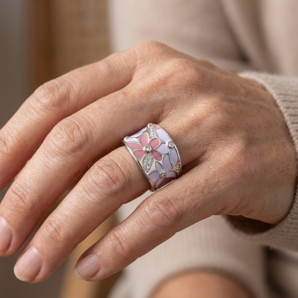 refined pink flower silver ring — lifestyle