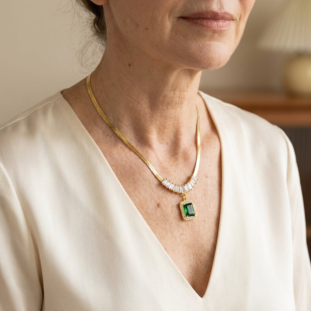 regalia prism emerald necklace gold — lifestyle